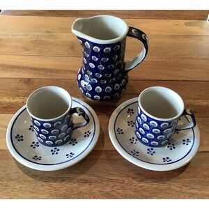Boleseawiec Ceramic Tea Set Tea Cups Tea Pot Hand Made In Poland